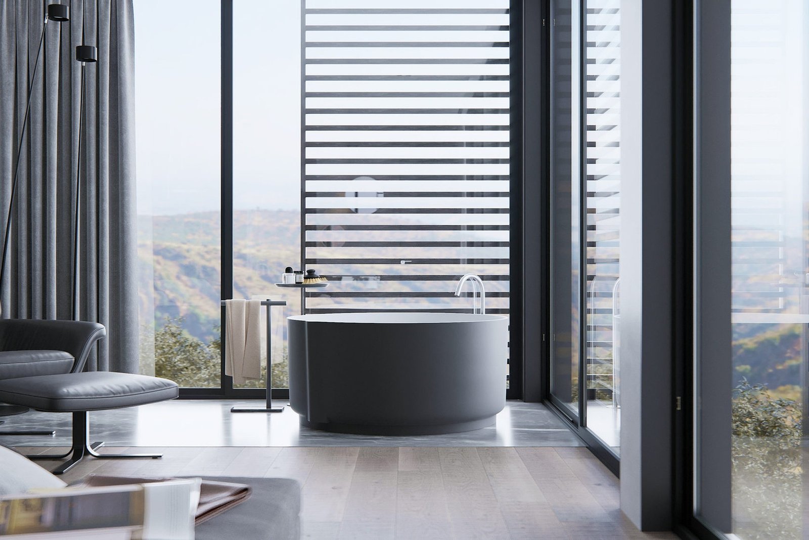 Luxurious modern bathroom with a sleek freestanding tub and floor-to-ceiling windows, designed by Duluth Construction. Specializing in bathroom remodel Portland, home window repair, and high-end Portland contractors craftsmanship.