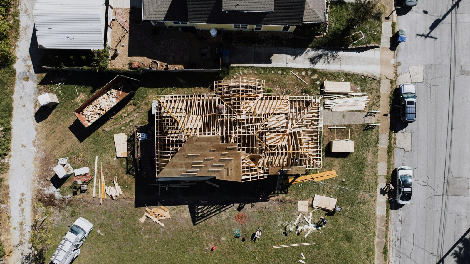 Aerial view of a home under construction, showcasing expert framing and structural work. Duluth Construction specializes in framing near me, custom carpentry, and home remodeling to bring your vision to life.