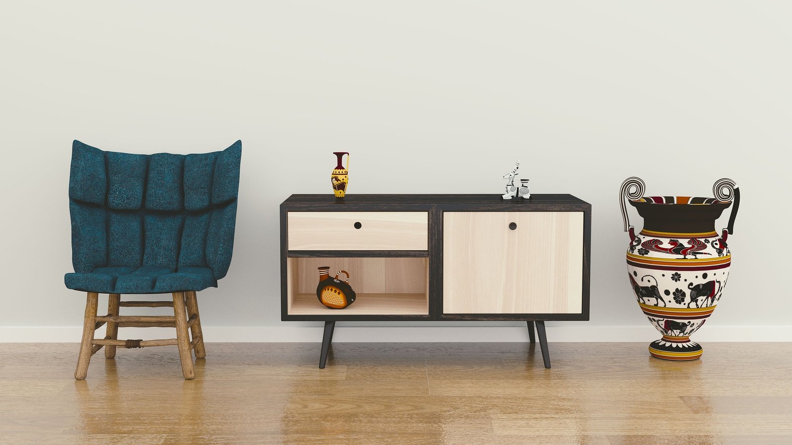 Modern interior featuring a stylish wooden cabinet, decorative vases, and a rustic chair. Duluth Construction specializes in custom carpentry, carpentry services, and home remodelers to create unique and functional spaces.