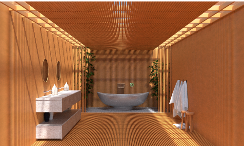 Luxury bathroom with modern wood paneling, a freestanding stone bathtub, double vanity sinks, and natural lighting. Renovation by Duluth Construction.