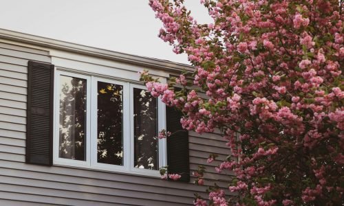 Close-up of a house with durable vinyl siding and a blooming pink tree in the foreground. Duluth Construction specializes in professional vinyl siding installation and repair for long-lasting home exteriors.