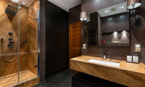 Luxurious bathroom remodel by Duluth Construction featuring a custom wood vanity, glass-enclosed rainfall shower, modern lighting, and sleek dark cabinetry.